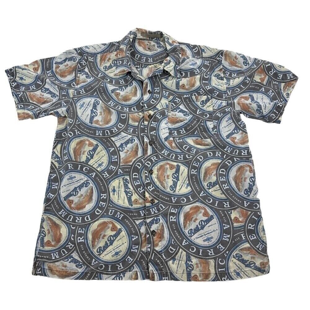 Vintage Columbia Red Drum Beer Short Sleeve Button Up Shirt Large Men Fishing